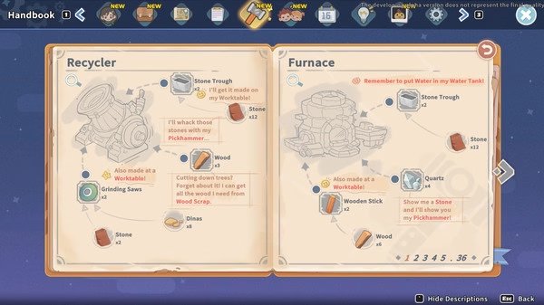My Time at Sandrock screenshot showing a handbook page with crafting recipes for a recycler and furnace, including required materials.