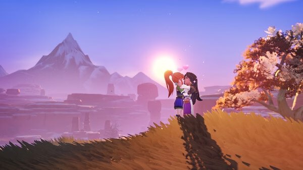 Screenshot from My Time at Sandrock showing two characters embracing on a hill with a scenic mountain and sunset in the background.