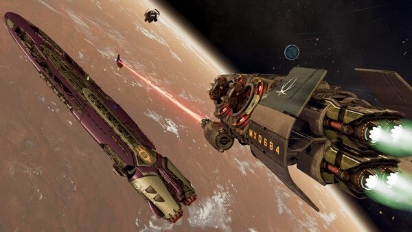 Screenshot of X4: Foundations showing a large spacecraft firing a laser at another ship over a planet's surface.
