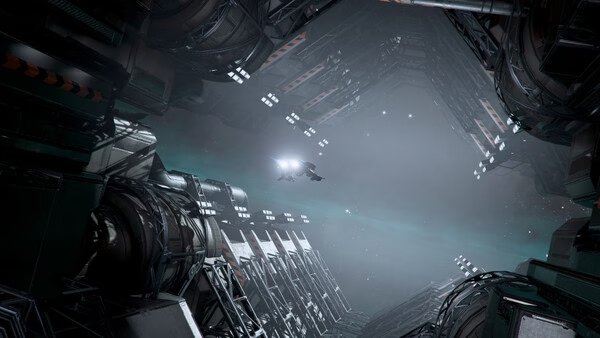 X4: Foundations screenshot: A spaceship navigates through a vast, industrial space station corridor with glowing lights and metallic structures.