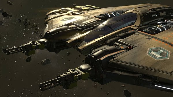 X4: Foundations screenshot showing a detailed spaceship flying through an asteroid field in space.