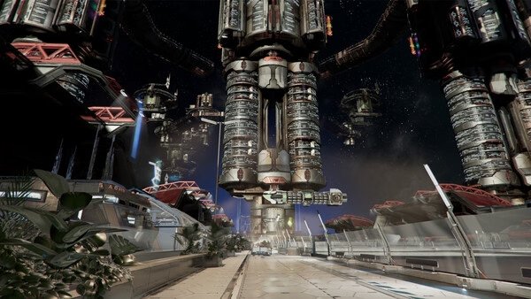 Screenshot from X4: Foundations showing a futuristic space station with towering structures, surrounded by stars and spacecraft.