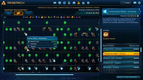 Screenshot from The Riftbreaker showing the research menu. Various upgrades and their details are displayed on the screen.