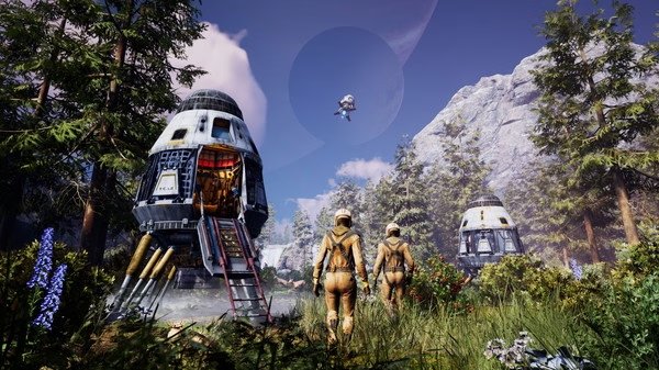 ICARUS screenshot: Two astronauts explore a lush forest with futuristic pods and a drone flying overhead.