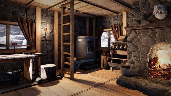 Screenshot from ICARUS showing a cozy wooden cabin interior with a fireplace, stone walls, and various wooden furniture.