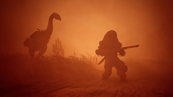 ICARUS screenshot: A player character in heavy gear holding a rifle stands near a saddled creature in a dusty, red-hued environment.