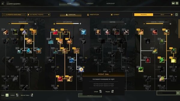 Screenshot from ICARUS showing a skill tree interface, highlighting the 'Night Owl' talent with detailed stats and unlock options.