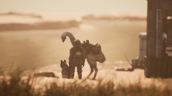 A player in armor stands with a dog and a large bird in a desert landscape in this ICARUS game screenshot.