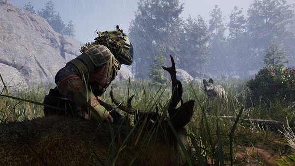 ICARUS screenshot: A player in armor kneels beside a deer carcass in a grassy area, while a wolf watches nearby under a cloudy sky.