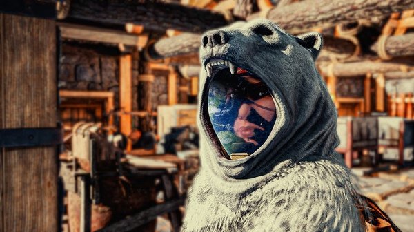 Screenshot from ICARUS showing a figure wearing a bear costume with a reflective visor, set in a wooden structure environment.