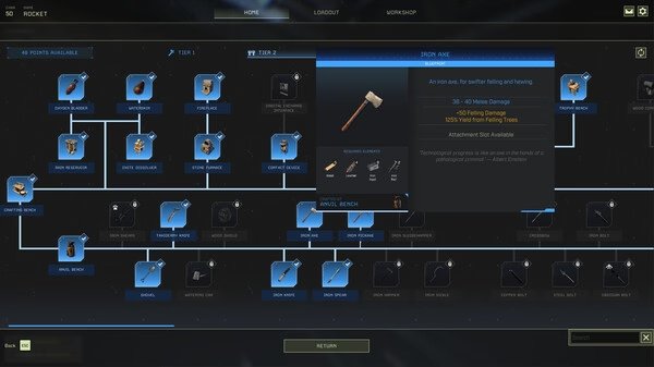 ICARUS screenshot: In-game crafting menu displays various tools and items, highlighting a specific axe with details on its stats.