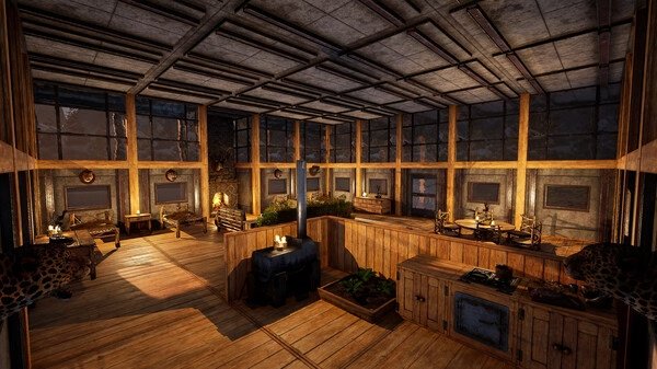 Screenshot from ICARUS showing a cozy, well-lit wooden cabin interior with a fireplace, furniture, and large windows.