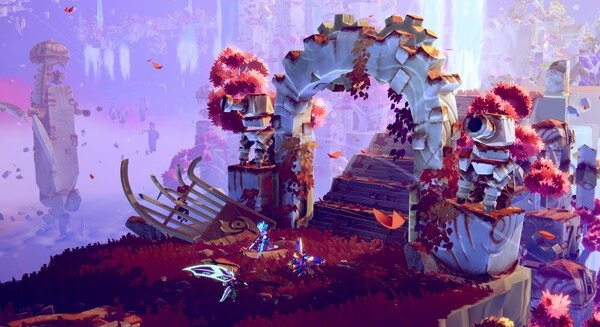 Screenshot from 'Windblown' showing two armored characters near a stone archway with red foliage and floating islands.
