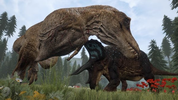 Screenshot from The Isle showing a large dinosaur attacking a smaller one in a grassy field with trees and flowers in the background.