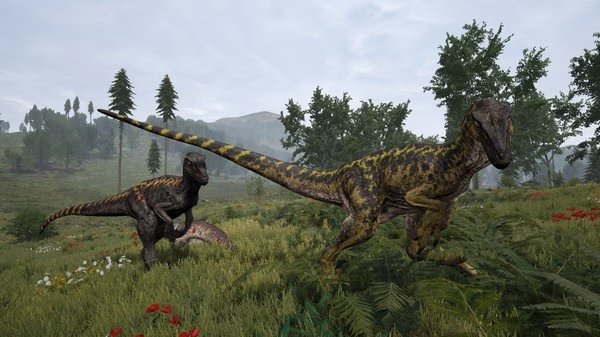 Screenshot from The Isle showing two dinosaurs running through a grassy field with trees and mountains in the background.