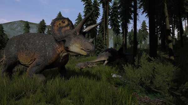 A screenshot from The Isle shows a Triceratops walking through a lush forest, with another dinosaur visible in the background.