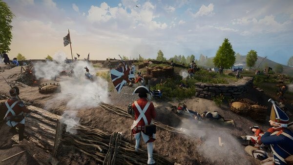 Screenshot from Holdfast: Nations At War showing soldiers in red uniforms battling near trenches and smoke on a grassy battlefield.
