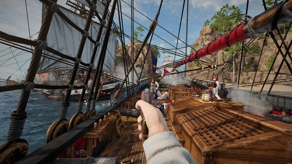 Screenshot from Holdfast: Nations At War showing naval combat with sailors on a ship, preparing for battle against another vessel.