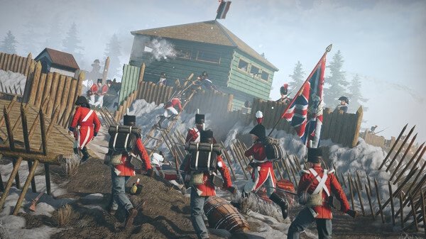 Holdfast: Nations At War screenshot of soldiers in red uniforms storming a wooden fort under snowy conditions.