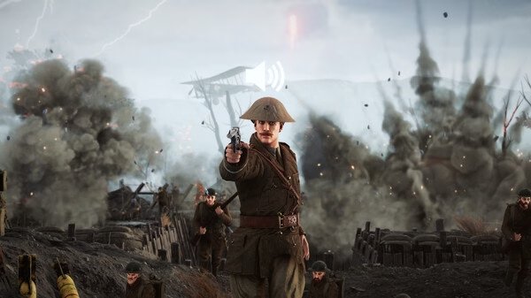 A Holdfast: Nations At War screenshot showing a soldier aiming a pistol amidst a battlefield with explosions and soldiers.