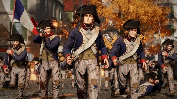 Screenshot from Holdfast: Nations At War showing soldiers in 18th-century uniforms marching with weapons on a cobblestone street.