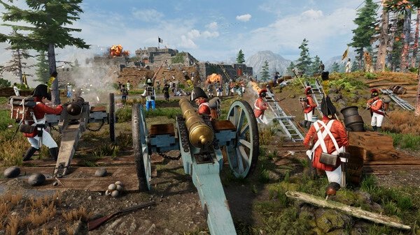 Holdfast: Nations At War screenshot showing soldiers in red uniforms firing cannons towards a distant fort amidst explosions.