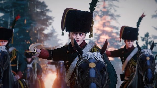 Holdfast: Nations At War screenshot showing cavalry soldiers in uniform riding horses amidst fiery battle scenery.