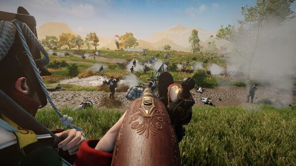 Screenshot from Holdfast: Nations At War; players engage in a battle on a grassy field, with smoke and gunfire visible.