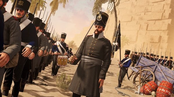 Screenshot from Holdfast: Nations At War showing soldiers in uniform marching with a drum under a sunny sky near a wagon.