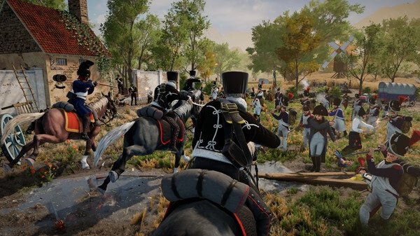 Screenshot from Holdfast: Nations At War showing cavalry charging at infantry near a rural building and windmill.