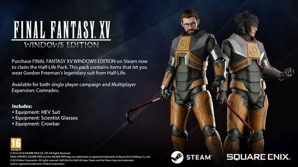 Screenshot from FINAL FANTASY XV WINDOWS EDITION showing characters in Half-Life suits. Text details in-game items and Steam availability.