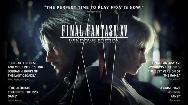 Screenshot of FINAL FANTASY XV WINDOWS EDITION title screen featuring characters Noctis and Lunafreya with promotional text.