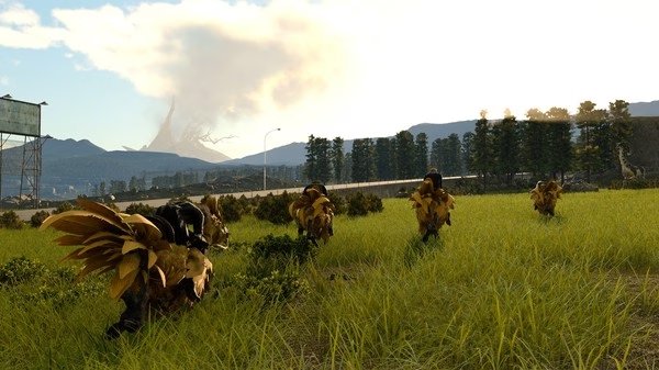 Screenshot from FINAL FANTASY XV WINDOWS EDITION shows a group of chocobos running through a grassy field with mountains in the background.