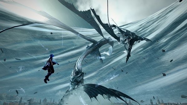 FINAL FANTASY XV WINDOWS EDITION screenshot: Character confronts a colossal dragon-like creature amidst swirling storm clouds.