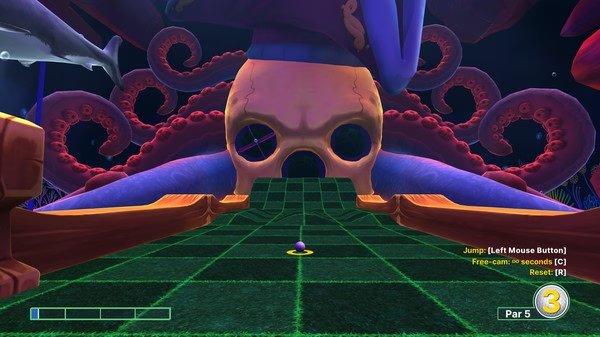 Screenshot from 'Golf With Your Friends' showing a mini-golf ball aiming toward a giant octopus skull obstacle on a vibrant course.