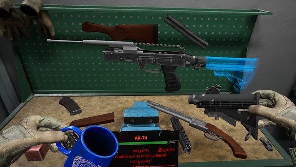 Into the Radius 2 screenshot: A player assembles an AK-74, surrounded by gun parts and tools in a workshop setting.