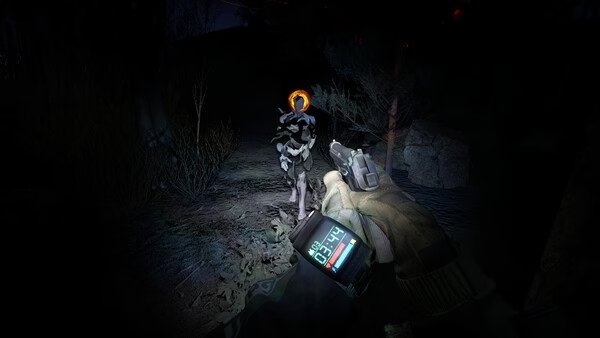 Screenshot from Into the Radius 2 showing a player aiming a weapon at a creature in a dark, eerie forest environment.
