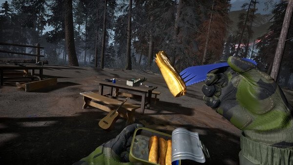 Into the Radius 2 screenshot: A gloved hand holding a fork and canned food in a forest campsite with benches and a guitar.