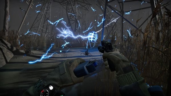 Screenshot from Into the Radius 2 showing a gloved hand holding a device amidst electric blue lightning in a desolate environment.