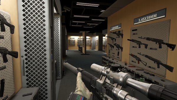 Into the Radius 2 screenshot: A player holds a sniper rifle inside an armory with various guns displayed on the walls.