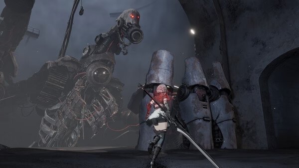 AI LIMIT screenshot: A character with a sword faces a towering mechanical creature in a dark, industrial setting.