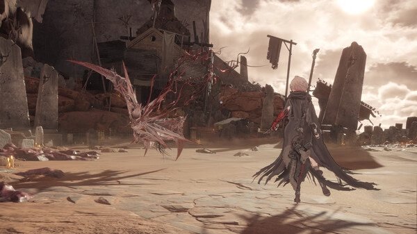 AI LIMIT screenshot: A character in a dark cloak faces a winged creature in a desolate, sunlit wasteland with ruins around.