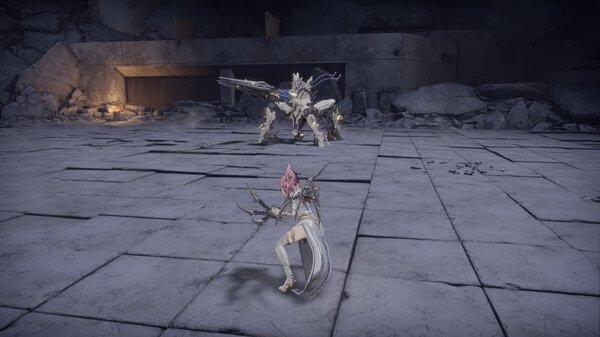 AI LIMIT screenshot: A character with pink hair fights a mechanical enemy in a desolate, stone-covered environment.