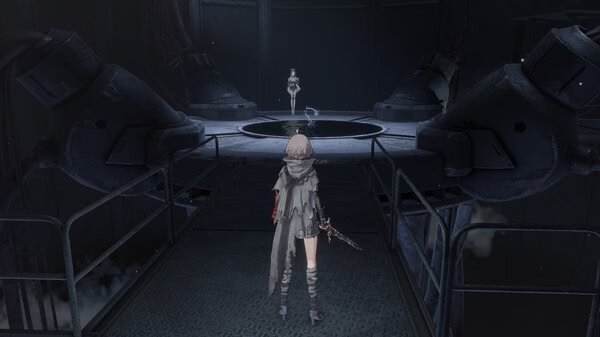 AI LIMIT screenshot: A character stands on a platform facing a robotic figure in a dark, industrial setting.