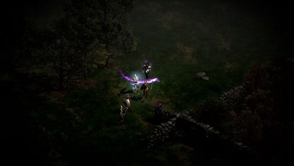 Diablo II: Resurrected screenshot: Three characters in a grassy area, one wielding a glowing purple weapon near a stone wall and trees.