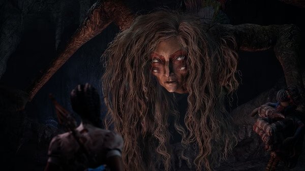 South of Midnight screenshot: A character faces a large creature with tangled hair and multiple limbs in a dark, eerie cave.