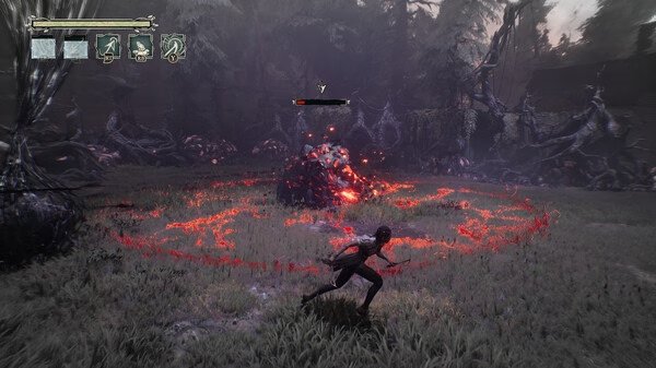 South of Midnight screenshot: A character with a weapon approaches a glowing creature in a dark, forested area with red markings.