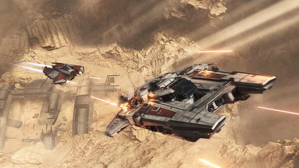 Jump Space screenshot: Two spacecrafts navigate a rocky terrain, firing lasers amidst a dusty environment.