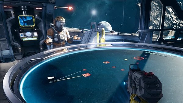 Screenshot from Jump Space showing a character in a space suit near a holographic table with a weapon in the foreground.
