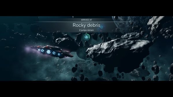 Jump Space screenshot: A spaceship navigates through an asteroid field labeled "Rocky debris" with two jumps remaining.